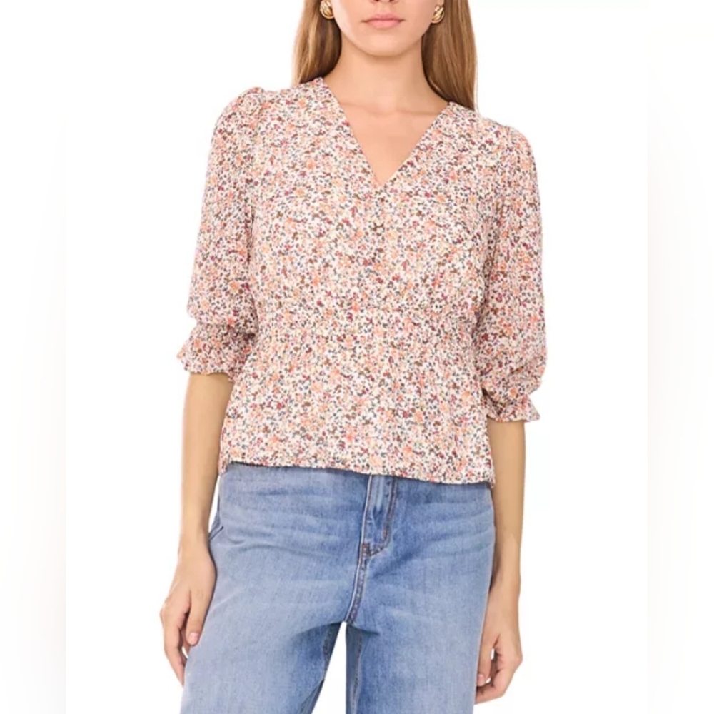 1.STATE Floral Print Smocked Waist Top NWT